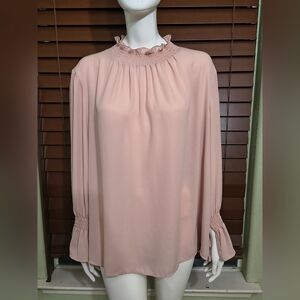 Vince Camuto Blush Pink Ruffle Smocked Neck Long Sleeve Blouse